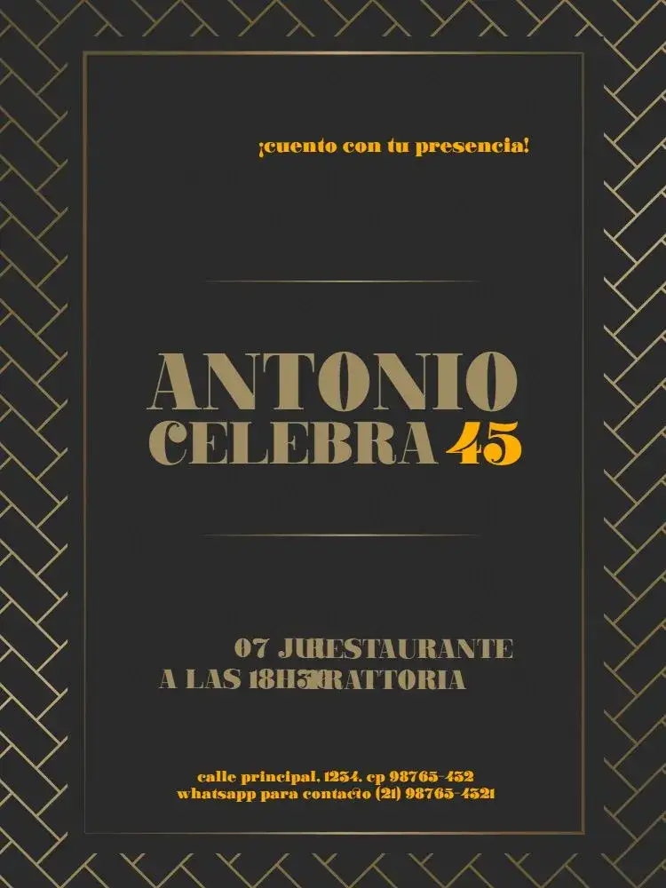 Invitación Varón Adulto Dorado Fiesta – tema Cumpleaños Infantil dorado, negro, elegante, moderno, lujoso
