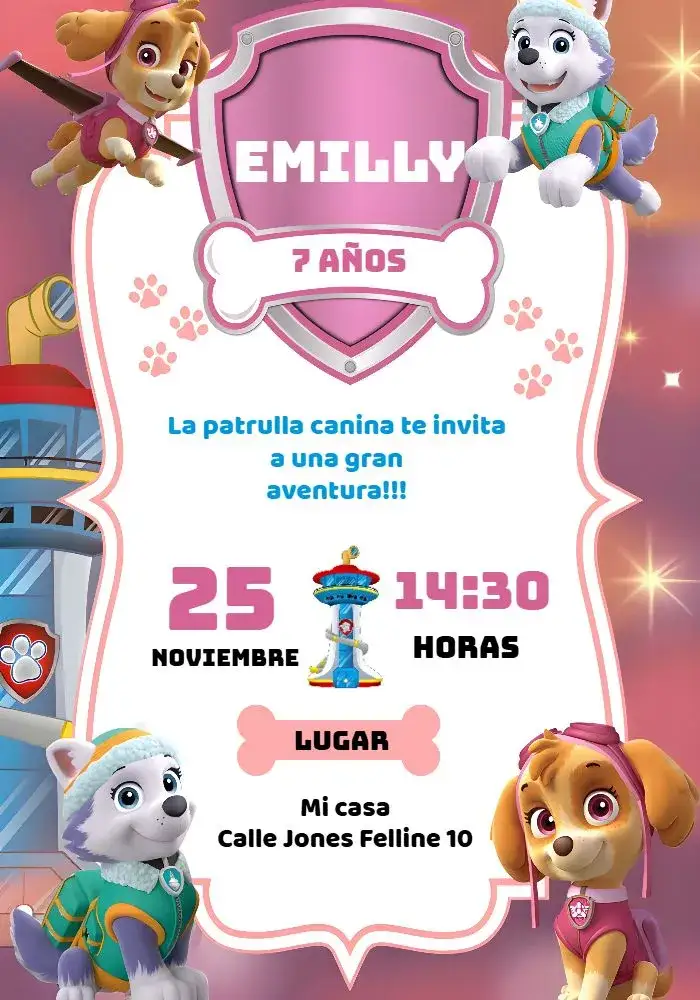 Invitación Skye E Everest Patrulla Canina Chica – tema Cumpleaños Infantil colores vibrantes, estilo divertido, elementos gráficos de la Patrulla Canina, tema infantil, ilustraciones coloridas
