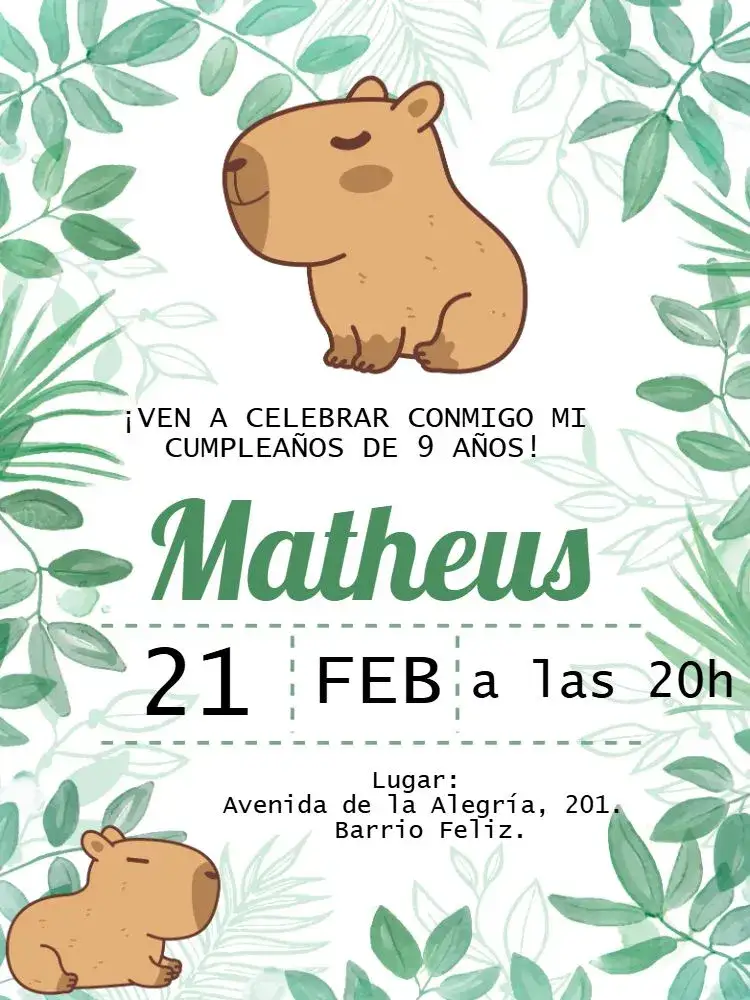 Invitación Capibara Cute – tema Cumpleaños Infantil colorido, natural, divertido, tropical, infantil