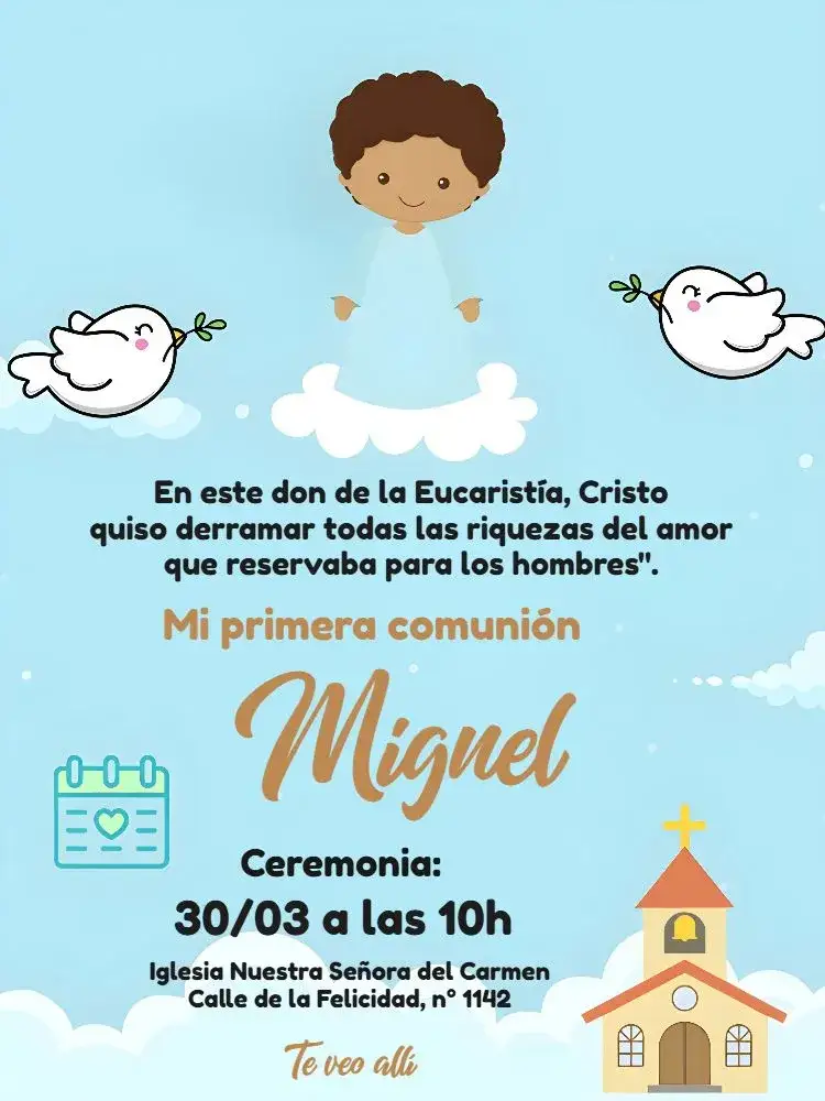 Invitación Primera Comunión Niño Angelito – tema Primera Comunión azul suave, angelitos, diseño lúdico, elementos católicos, estilo infantil, toque delicado