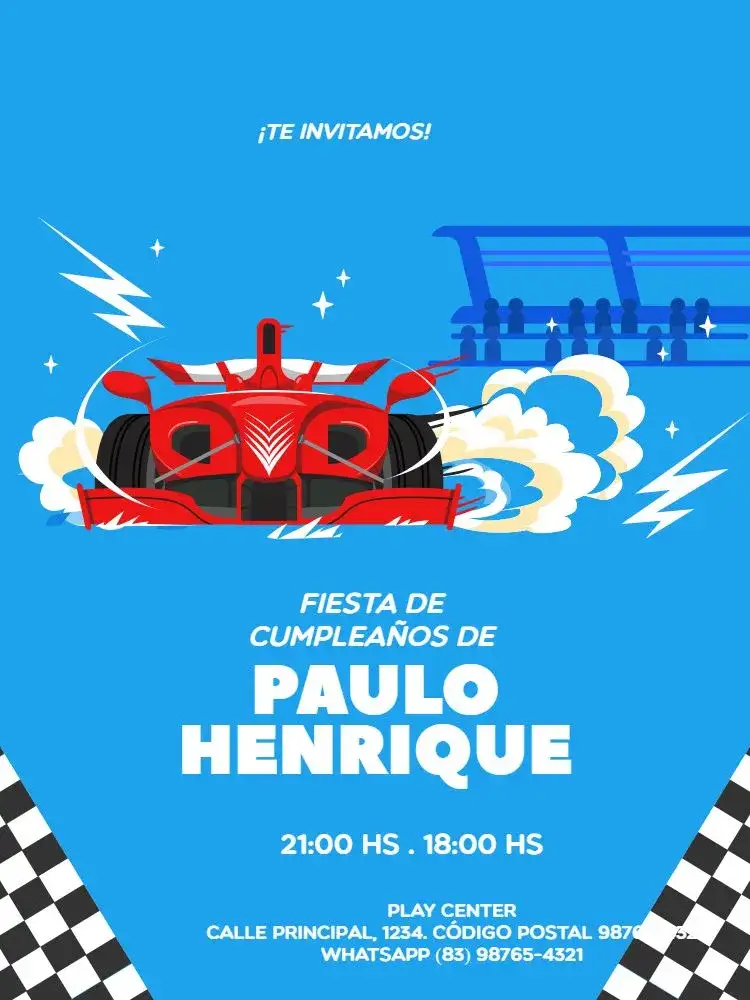 Invitación Coches Carreras Fiesta – tema Cumpleaños Infantil carritos, carrera, azul, lúdico, masculino