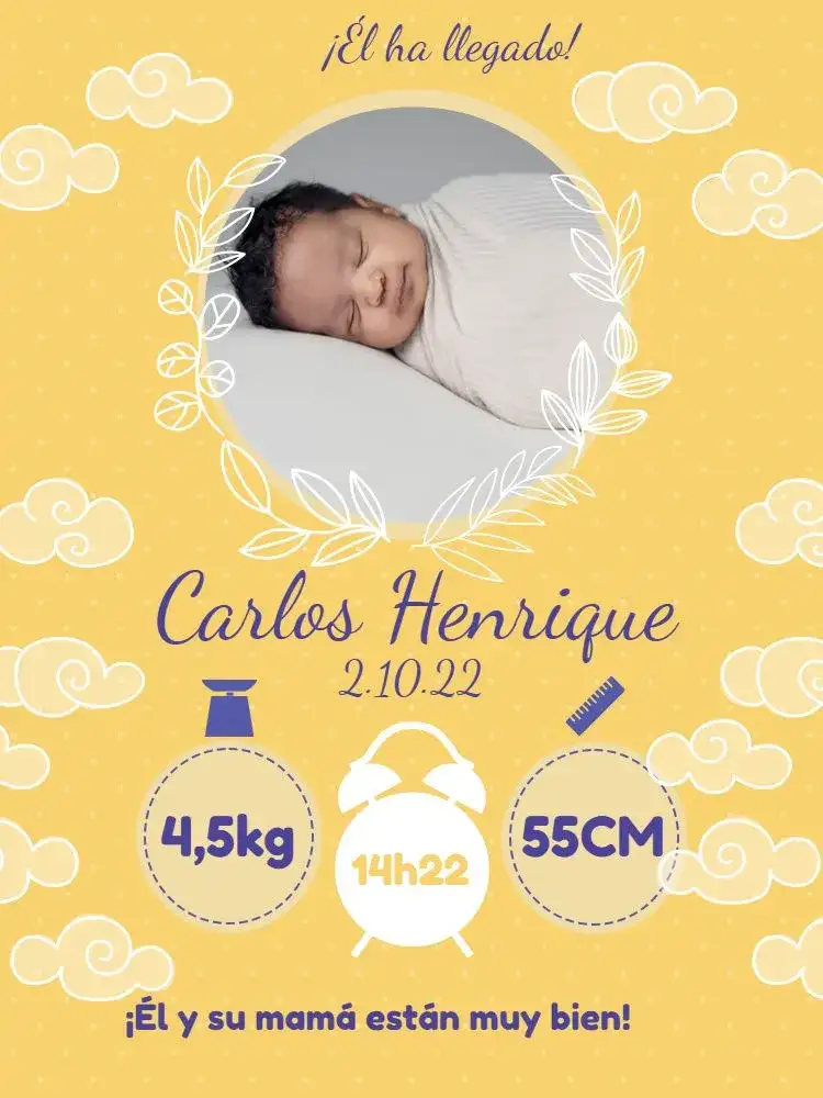 Tarjeta De Celebración Nacimiento Bebé Amarillo Lúdico