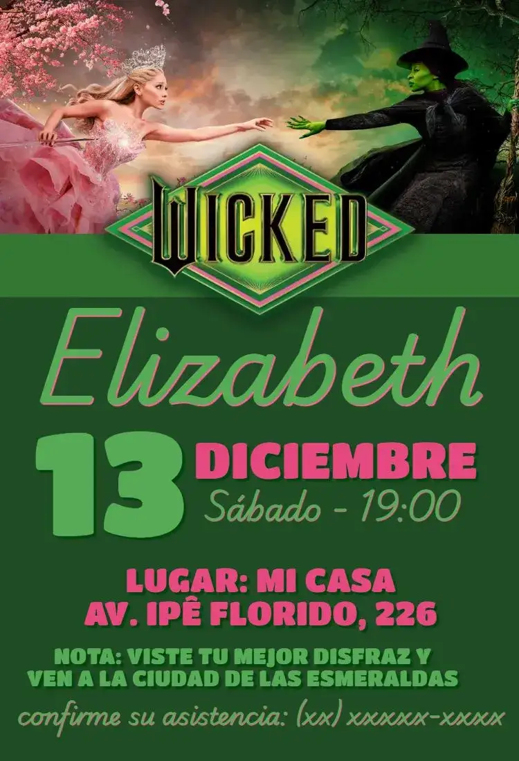 Invitación Cumpleaños de Wicked Glinda y Elphaba – tema Cumpleaños mágico, teatral, vibrante, fantasía, colorido