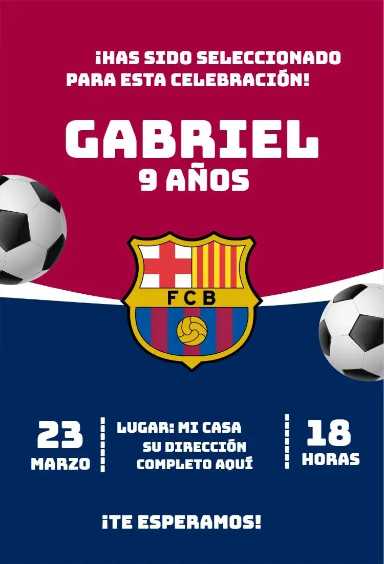 Invitación Barcelona 1 – tema Cumpleaños fútbol, deportes