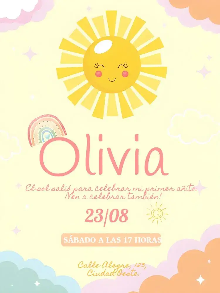 Invitación Rayo De Sol Estrella – tema Primera Comunión colorido, vibrante, luminoso, arcoíris, estelar, infantil
