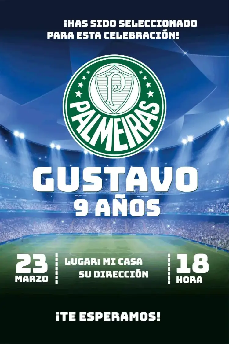 Invitación Palmeiras 4 – tema Cumpleaños verde y blanco, fútbol, moderno, temático, deportivo, divertido