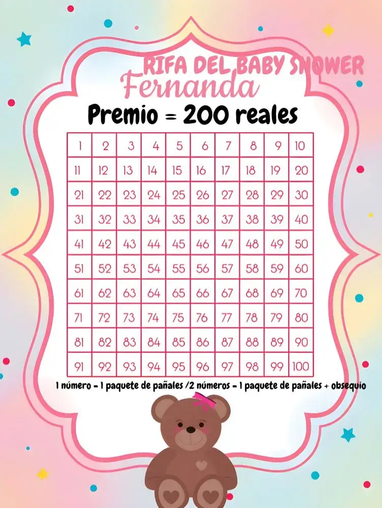 Invitación Té Rifa Osita Cartilla – tema Té Rifa rosa, blanco, marrón, negro, tierno, moderno