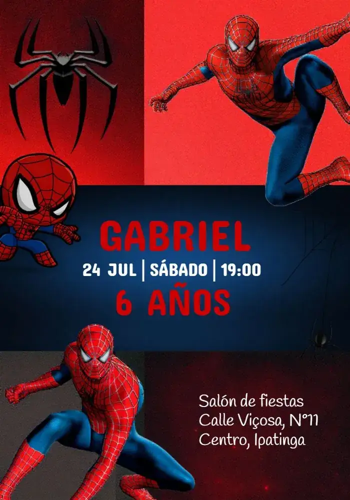 Invitación Hombre Araña: En el Universo Araña – tema Fechas Conmemorativas superhéroe, moderno, colorido, infantil, dinámico
