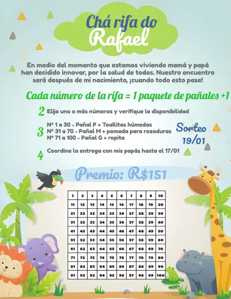 Invitación Chá Rifa Safari Animais – tema Té Rifa safari, colorido, acuarela, divertido, temático