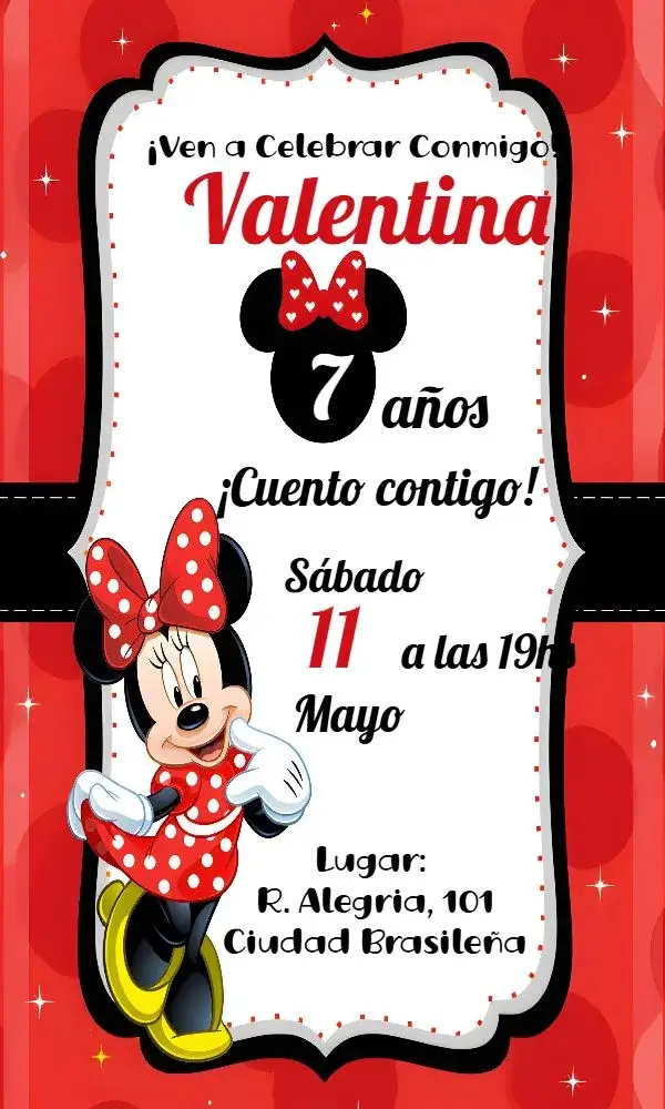 Invitación Minnie Mouse Corazón – tema Más buscados rojo, negro, divertido, infantil, tema de Disney, corazón