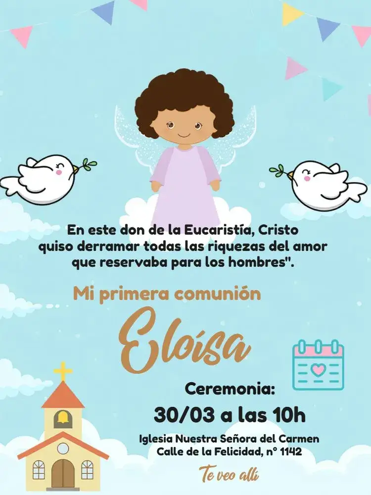 Invitación Primera Comunión Iglesia – tema Primera Comunión floral, delicado, pastel, infantil, religioso, moderno