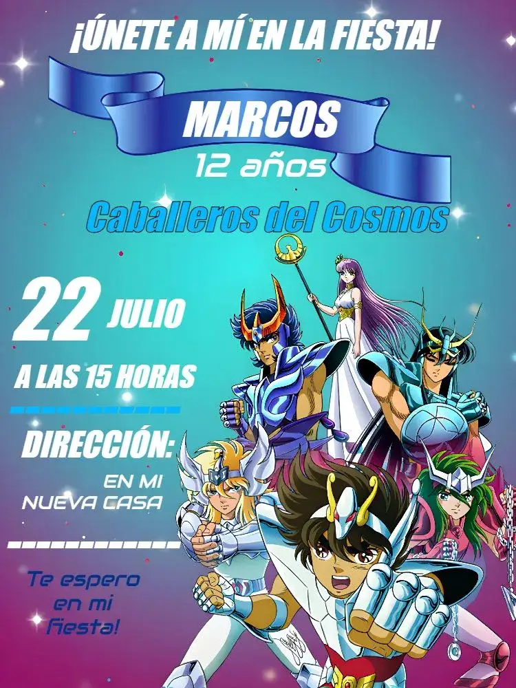 Invitación Caballeros del Zodiaco Anime – tema Cumpleaños Infantil azul, anime, temático, colorido, divertido