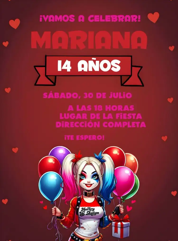 Invitación Arlequina Harley – tema Cumpleaños Infantil colores vibrantes, estilo divertido, elementos gráficos de DC, diseño moderno, tema de superhéroes, estilo pop art