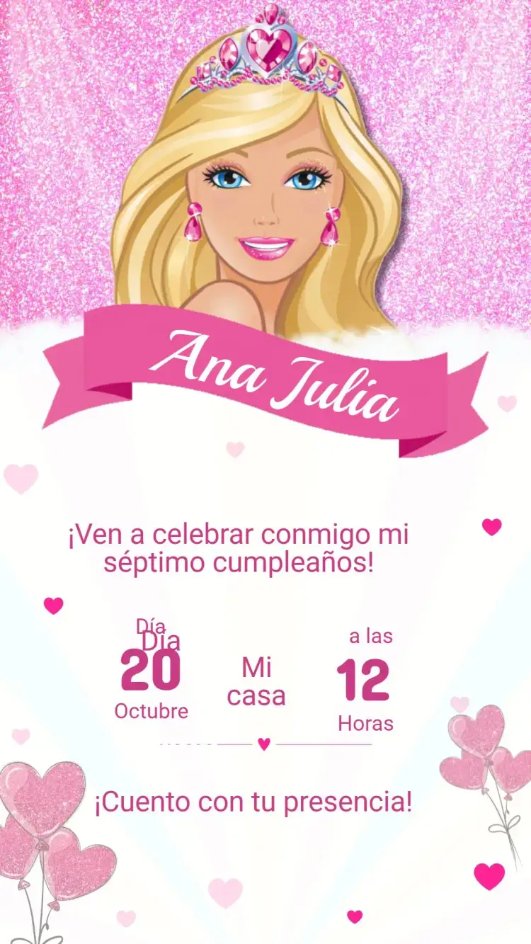 Invitación Invitación Cumpleaños BARBIE – tema Cumpleaños Infantil colores pasteles, estilo lúdico, elementos de fantasía, ilustraciones de muñecas, brillo y glamour, temática rosa y azul