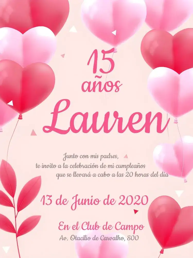 Invitación 15 Años - Globos Rosa – tema 15 años romántico, delicado, vintage, moderno, femenino, alegre