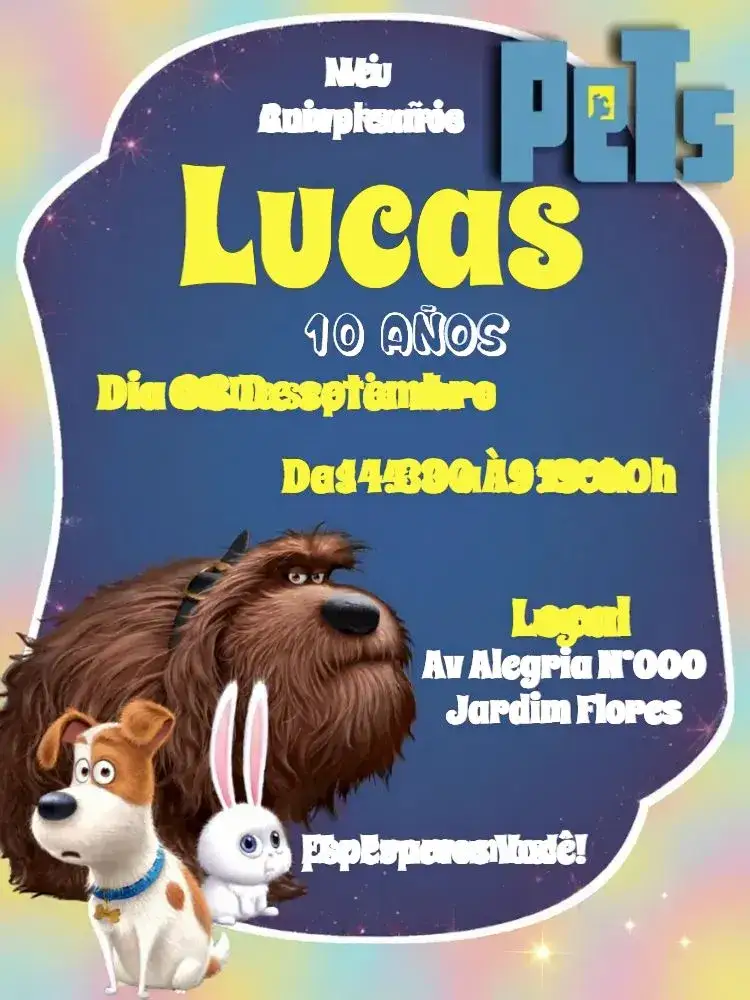 Invitación La Vida Secreta de las Mascotas Verdes – tema Fechas Conmemorativas divertido, colorido, temático, moderno, animales, juvenil