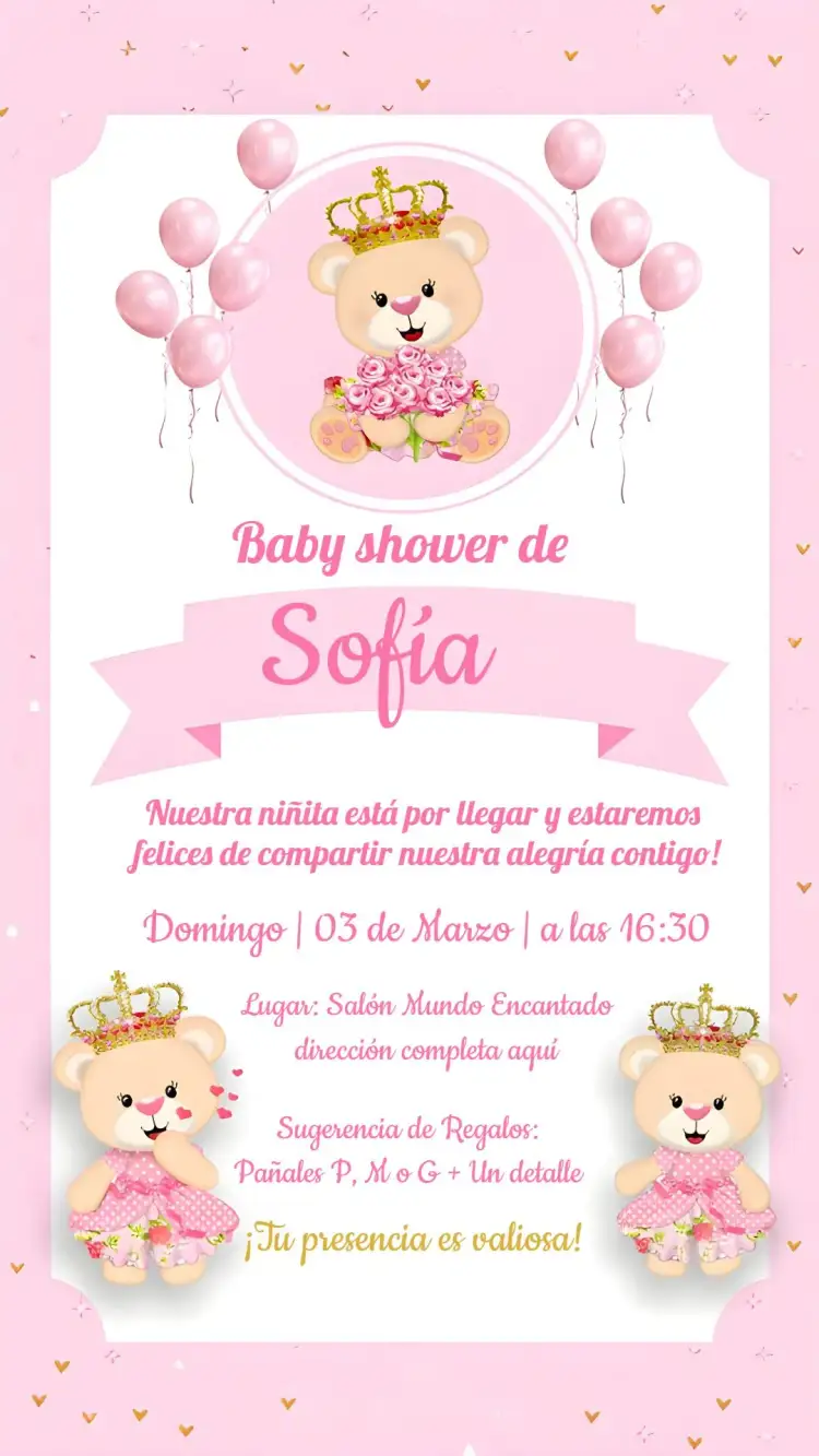 Invitación Baby Shower de Osita Princesa Rosa – tema Baby Shower rosa, brillo, princesa, osita, corazones, realeza