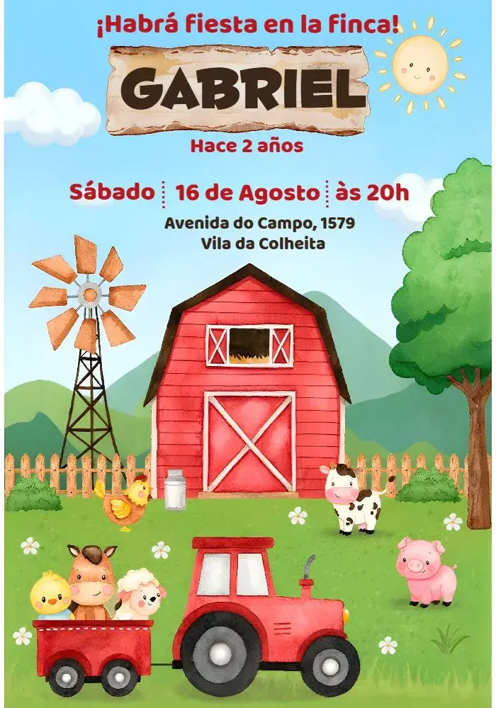 Invitación Granja Aquarela editable y personalizable