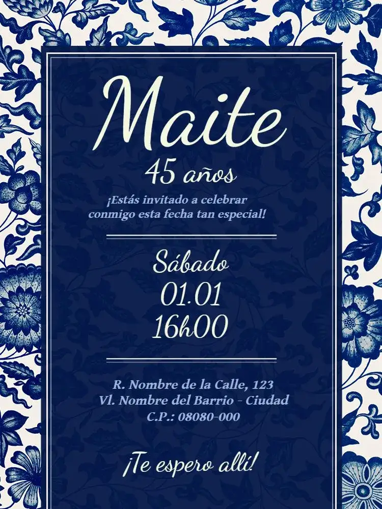 Invitación Virtual De - Flores Azules Portugués – tema Cumpleaños Infantil floral, elegante, clásico, azul, femenino, colorido