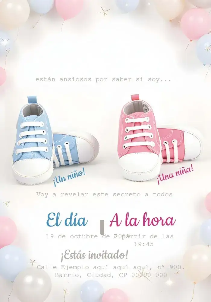 Invitación Baby Shower Revelación Niño o Niña Blanco – tema Revelación Bebé blanco, minimalista, moderno, divertido, colorido, delicado