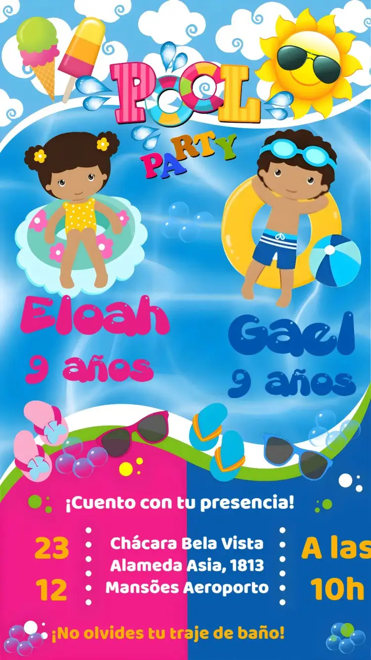 Invitación Fiesta en la Piscina – tema Cumpleaños Infantil colorido, tropical, divertido, agua, verano, moderno