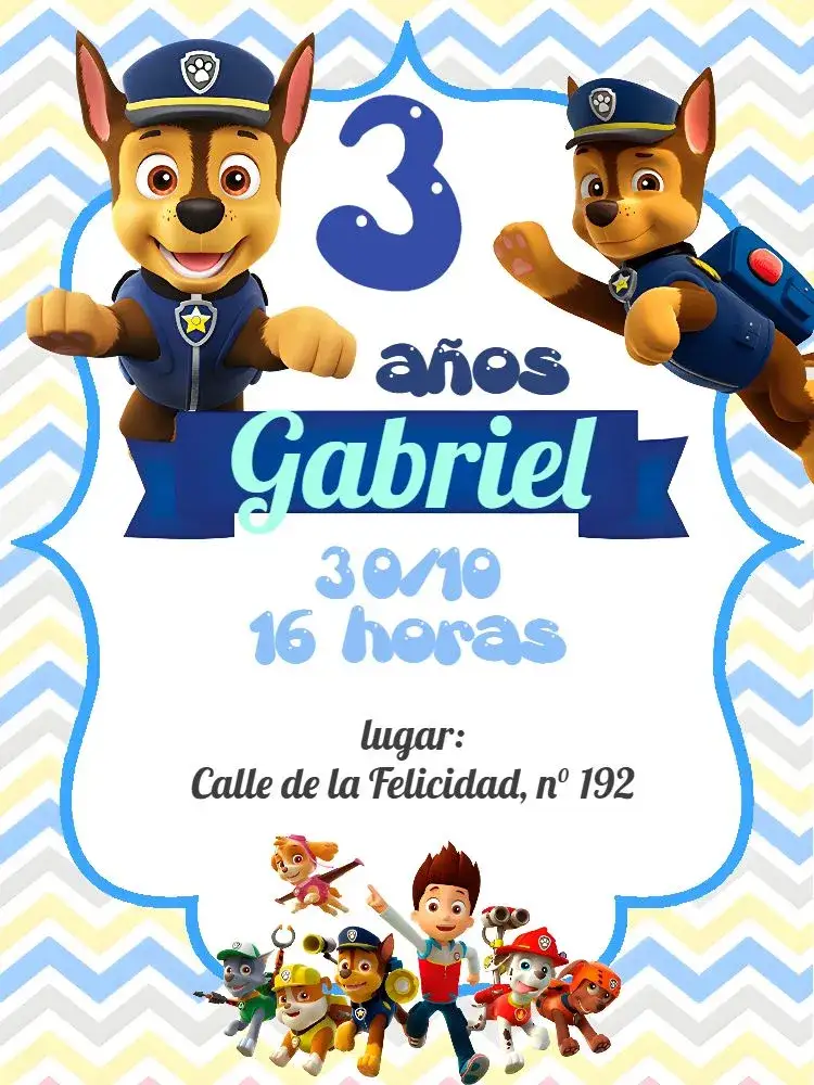 Invitación Patrulla Canina Fondo – tema Cumpleaños Infantil azul, a rayas, divertido, colorido, infantil