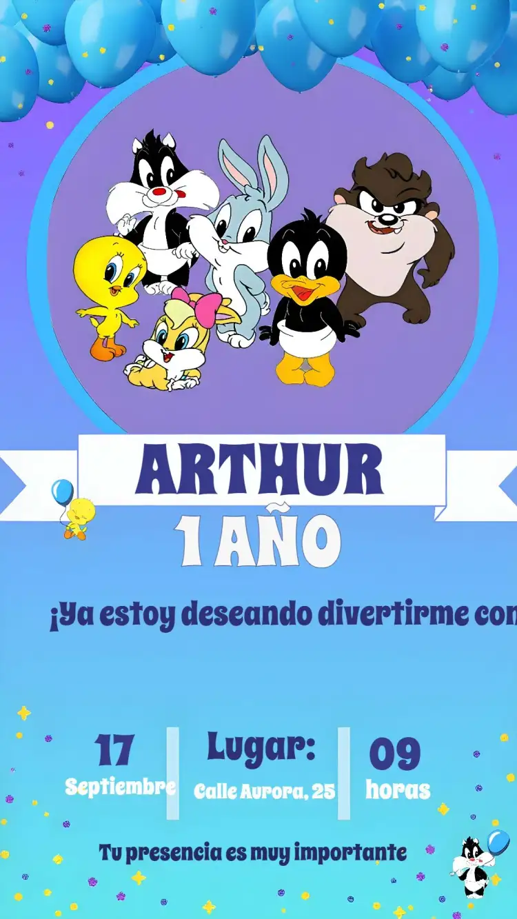 Invitación Looney Tunes Baby Tasmania – tema Fechas Conmemorativas colorido, infantil, divertido, animado, caracteres clásicos, azul y blanco