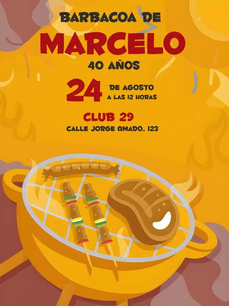 Invitación Adulto Barbacoa – tema Cumpleaños negro y amarillo, rojo vibrante, estilo moderno, diseño gráfico alegre, fondo oscuro, tema de barbacoa