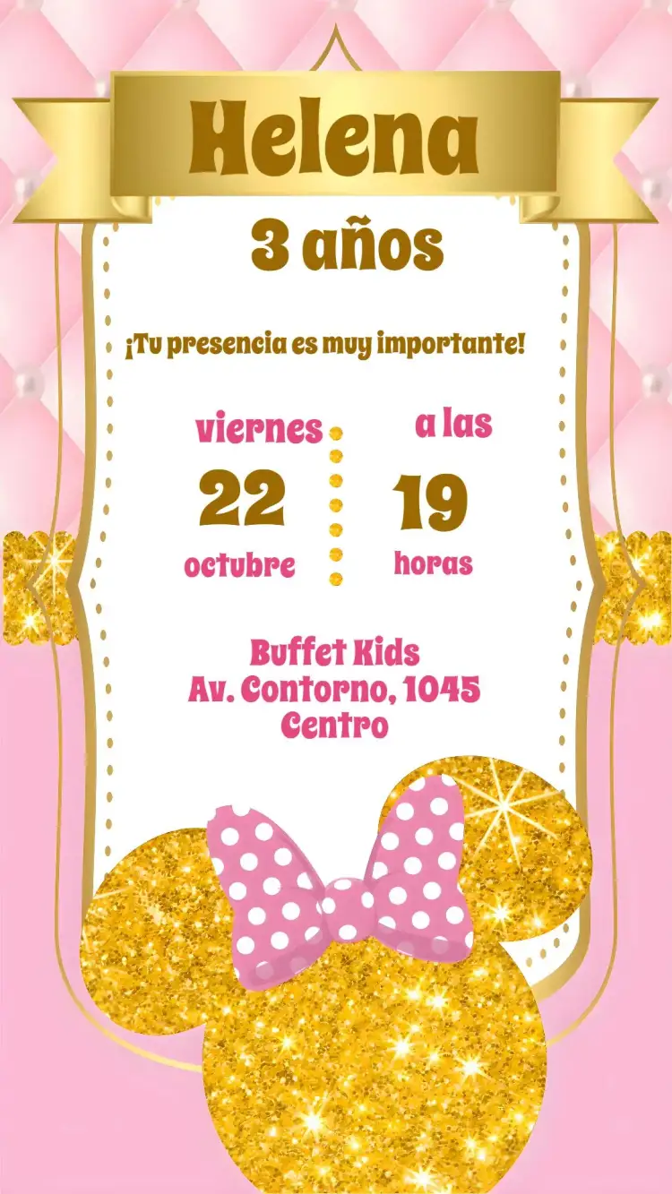 Invitación Minnie – tema Cumpleaños Infantil colorido, divertido, infantil, lujoso, temático, brillante