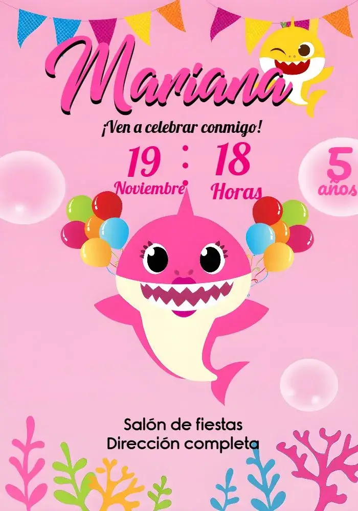 Invitación Baby Shark Rosa Azul
