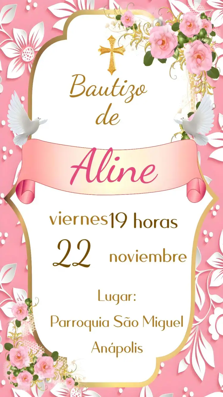 Invitación Bautizo Niña – tema Bautismo pastel, floral, minimalista, dorado, romántico, elegante