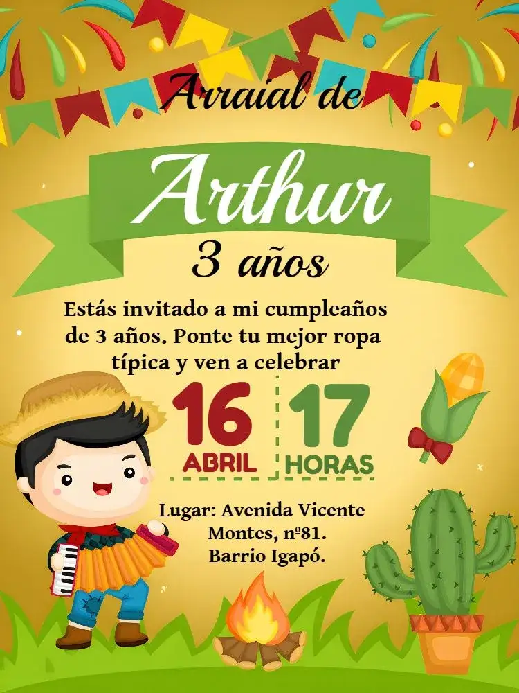Invitación Fiesta Junina Arraiá Amor – tema Fechas Conmemorativas colorido, vintage, rústico, festivo, tradicional