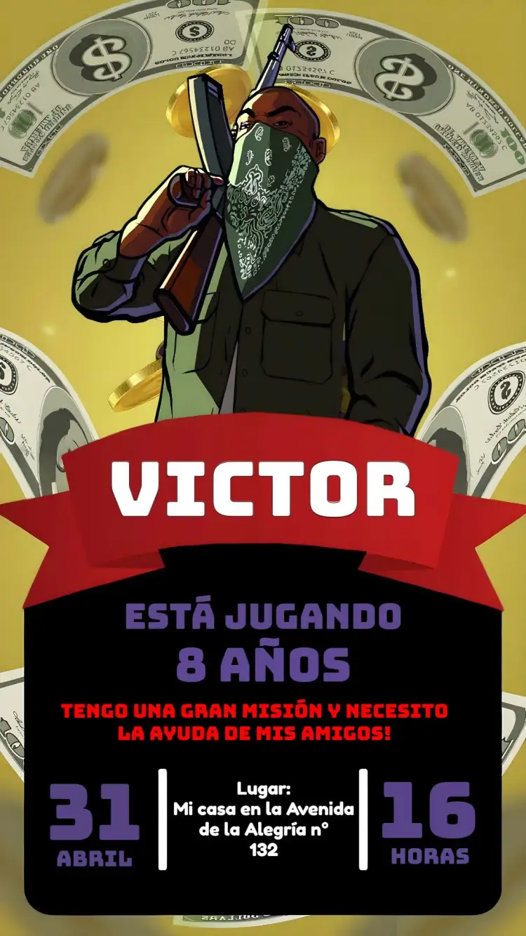 Invitación Gta V Rockstar – tema Cumpleaños moderno, gamer, colorido, urbano, temático