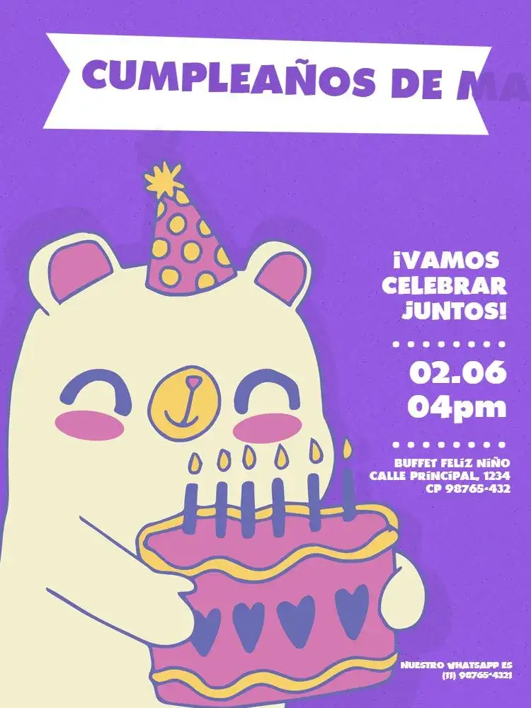 Invitación Infantil Fiesta de Osito – tema Cumpleaños Infantil oscuro, morado, lúdico, tierno, infantil, animal