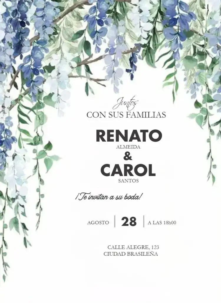 Invitación Glicínias Românticas – tema Boda floral, romántico, delicado, natural, pastel, elegante