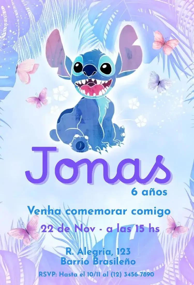 Invitación Stitch Morado – tema Cumpleaños Infantil lila, divertido, colorido, temático, moderno, infantil