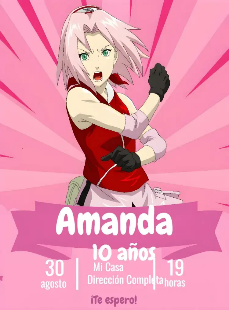 Invitación Sakura Naruto – tema Cumpleaños Infantil colores vibrantes, estilo anime, elementos gráficos de ninja, tonos de rosa, diseño divertido