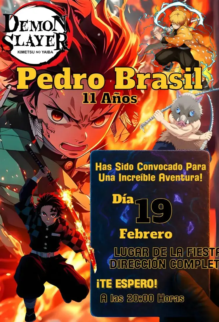 Invitación Tanjiro Kamado – tema Cumpleaños animado, vibrante, juvenil, ilustración, moderno, colorido