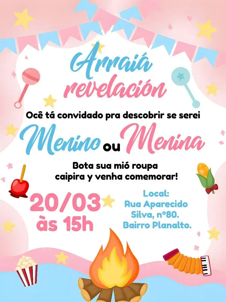 Invitación Chá Revelación Fiesta Junina Arraiá Niña – tema Revelación Bebé junino, festivo, colorido, moderno, alegre, rústico