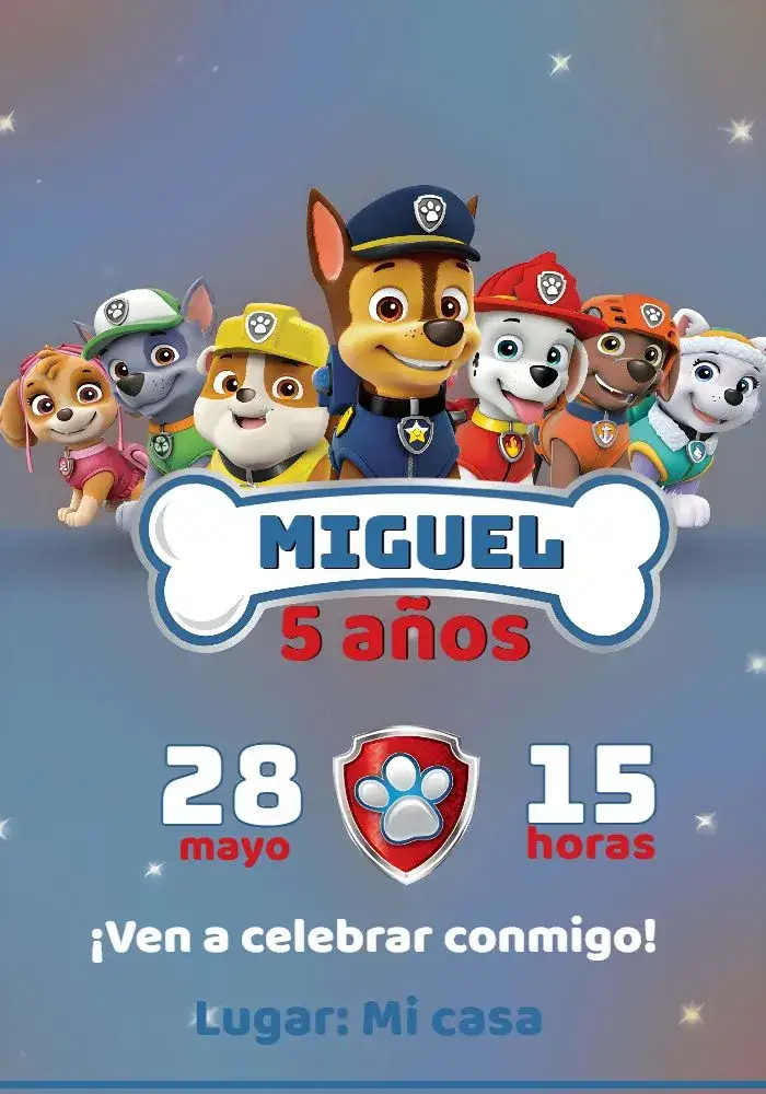 Invitación Patrulla Canina Niño – tema Más buscados azul, aventura, infantil, diversión, personajes, temática