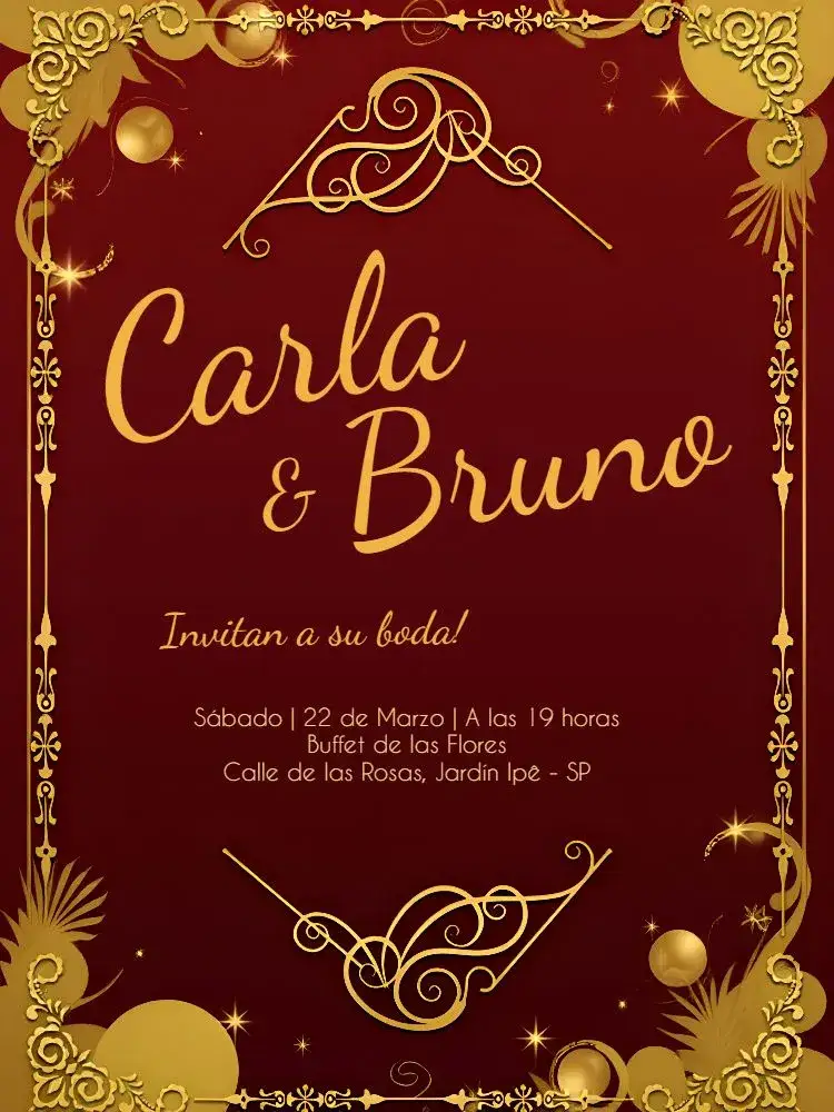 Invitación Boda Arabescos Elegante – tema Boda elegante, vintage, dorado, rojo, arabescos, romántico