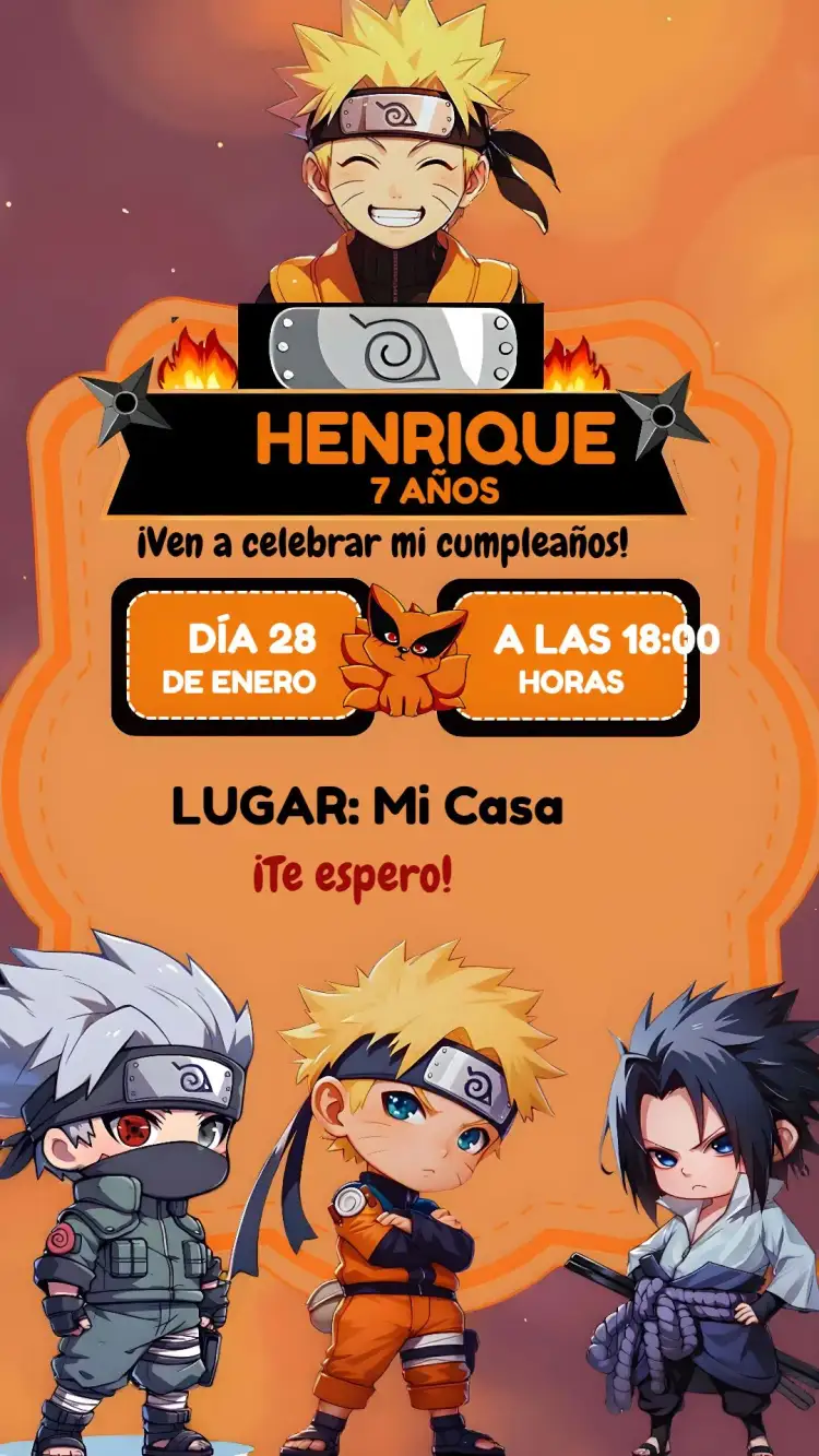 Invitación Naruto Toy Preti – tema Cumpleaños Infantil anime, moderno, vibrante, jovial, colorido