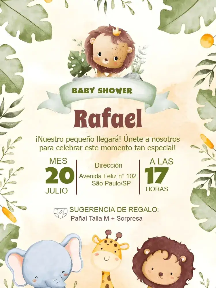 Invitación Baby Shower Safari – tema Baby Shower safari, colorido, animales, infantil, divertido, tropical