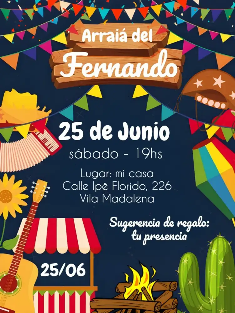 Invitación Arraiá Julina – tema Fechas Conmemorativas colorido, caipira, vintage, alegre, festivo, rústico