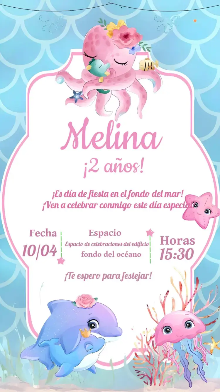Invitación Fondo Del Mar Niña Rosa – tema Cumpleaños Infantil fondo marino, colores pasteles, estilo lúdico, elementos marinos, diseño alegre, temática infantil