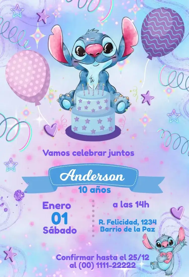 Invitación Stitch Neon – tema Más buscados neón, divertido, colorido, temático, infantil, moderno
