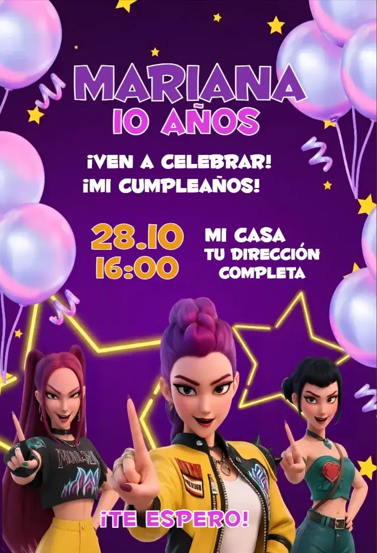 Invitación Guerreras del kpop morado 2 – tema Cumpleaños púrpura, moderno, temática de K-pop, colorido, divertido