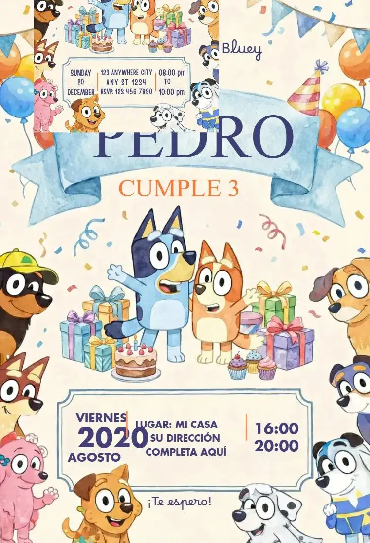 Invitación Bluey chico 2 editable y personalizable