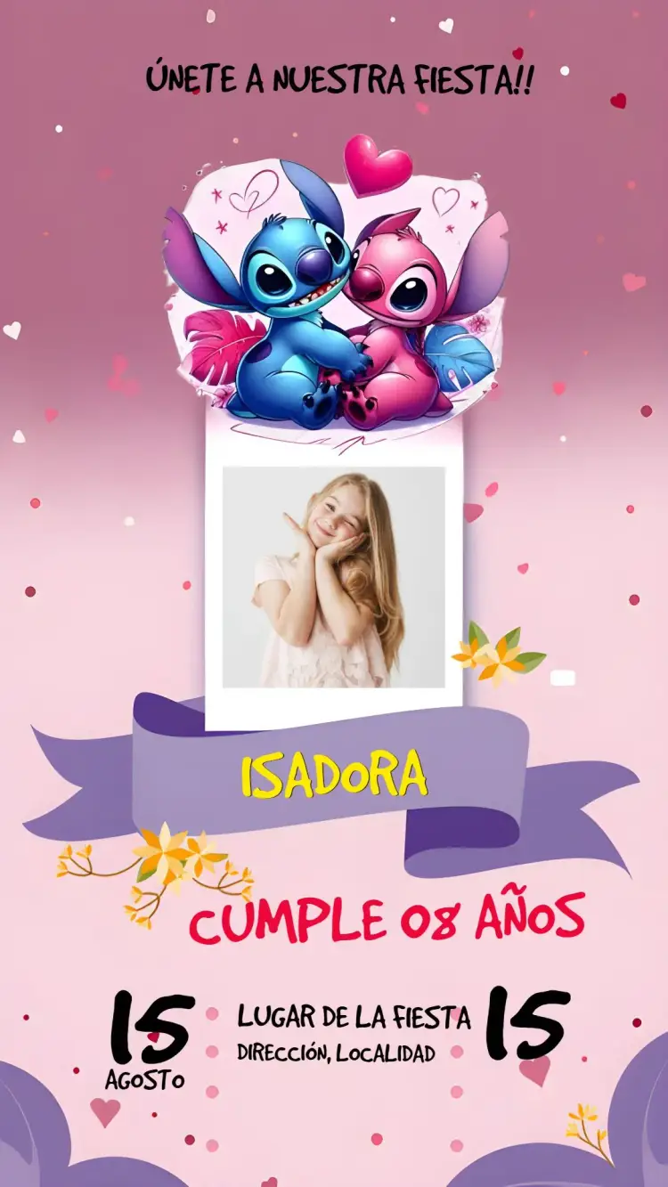 Invitación Angel Y Stitch Con Foto Linda