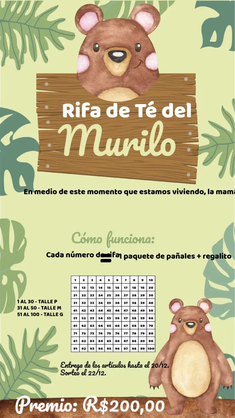 Invitación Té Rifa Osito 100 – tema Té Rifa oso, bosque, safari, marrón y verde, infantil, divertido